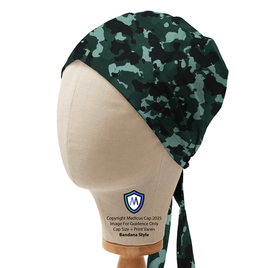 Medicus Scrub Caps bandana-style cap in green camouflage print displayed on a mannequin head.