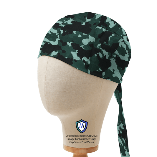 Medicus Scrub Cap with a green camouflage pattern, displayed on a mannequin head. Stylish, comfortable, and designed for medical professionals.