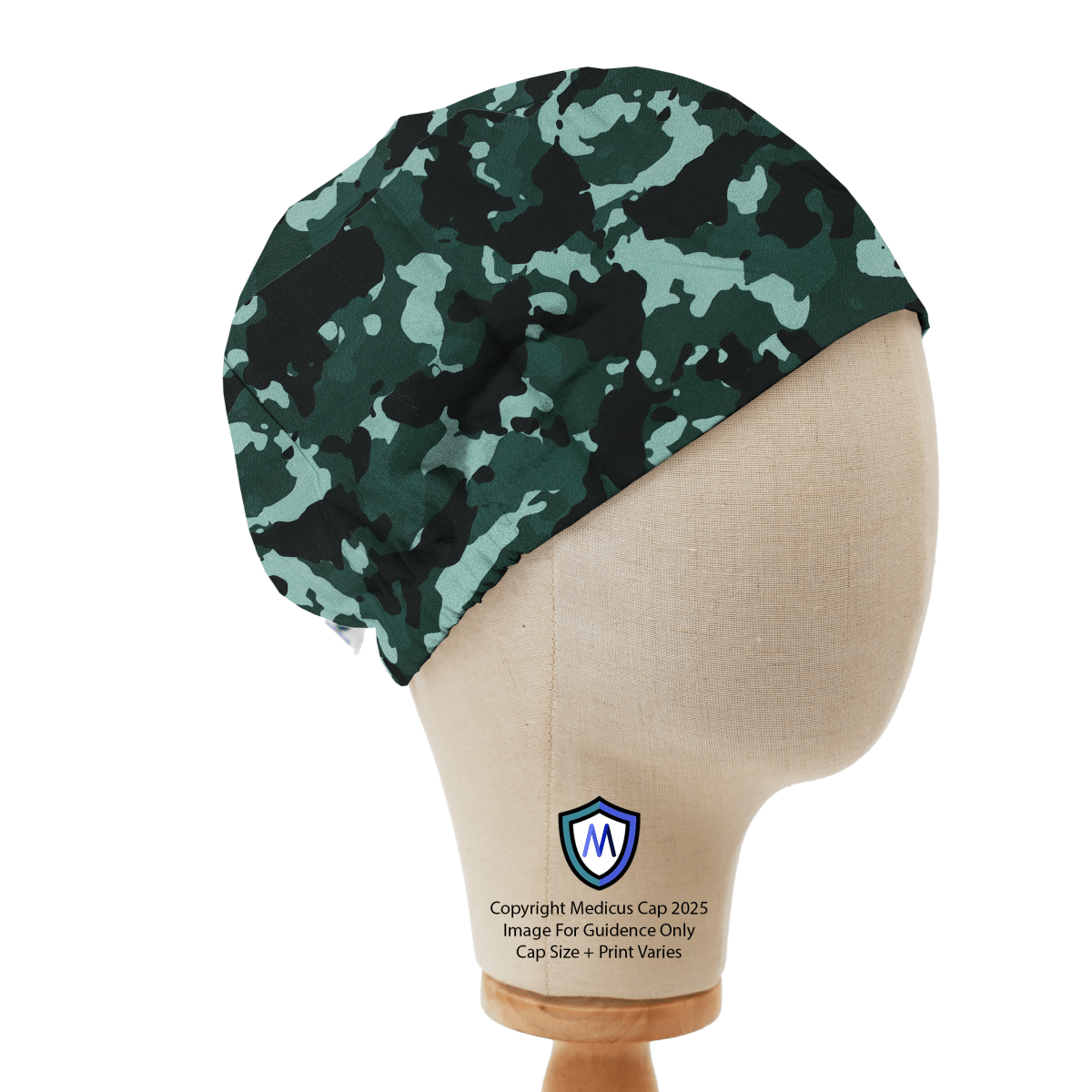 Medicus Scrub Cap in green camouflage print displayed on a mannequin head. Stylish and functional headwear for medical professionals.