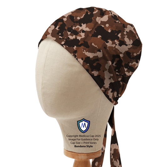 Medicus Scrub Cap in brown camouflage pattern, displayed on a mannequin head. Bandana style with tie-back closure for a secure fit.