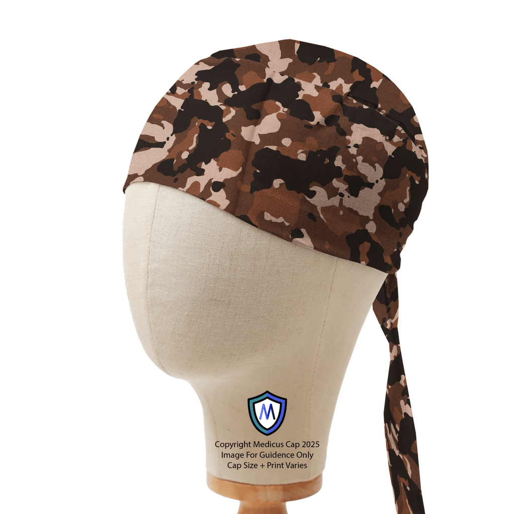 Brown camouflage Medicus Scrub Cap displayed on a mannequin head, featuring a secure tie-back design. Stylish and functional for medical professionals.
