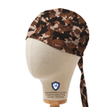 Brown camouflage Medicus Scrub Cap displayed on a mannequin head, featuring a secure tie-back design. Stylish and functional for medical professionals.