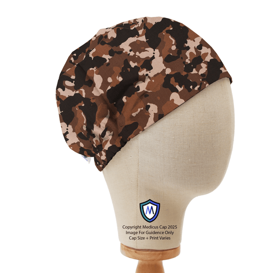 Medicus Scrub Cap with a brown camouflage pattern displayed on a mannequin head. Breathable and stylish for medical professionals.