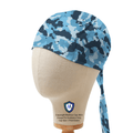 A blue camouflage Medicus Scrub Cap displayed on a mannequin head, featuring a tie-back design for a secure fit.