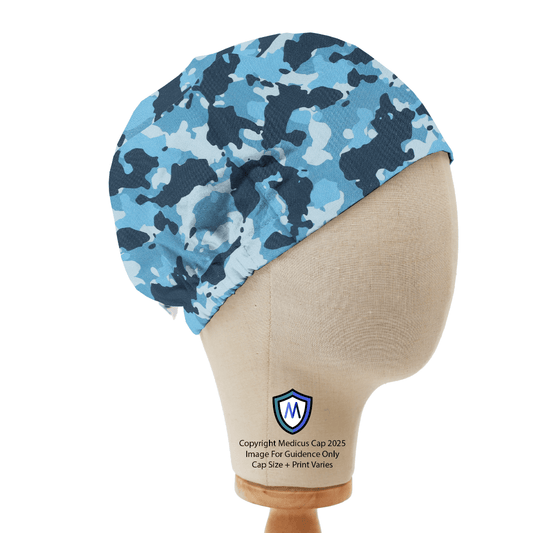 Blue camouflage Medicus Scrub Cap displayed on a mannequin head, featuring a comfortable fit for medical professionals.