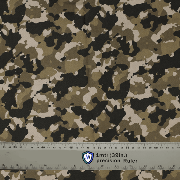 Camouflage fabric with a ruler for scale, suitable for Medicus Scrub Caps. Durable and stylish material for medical professionals.