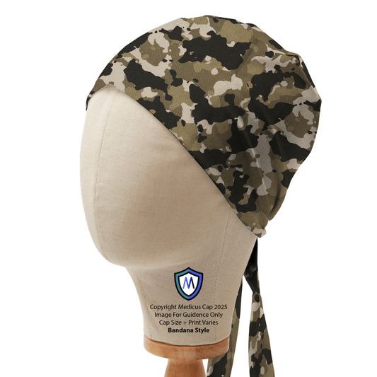 Camouflage Medicus Scrub Cap in bandana style displayed on a mannequin head, featuring adjustable ties for a secure fit.