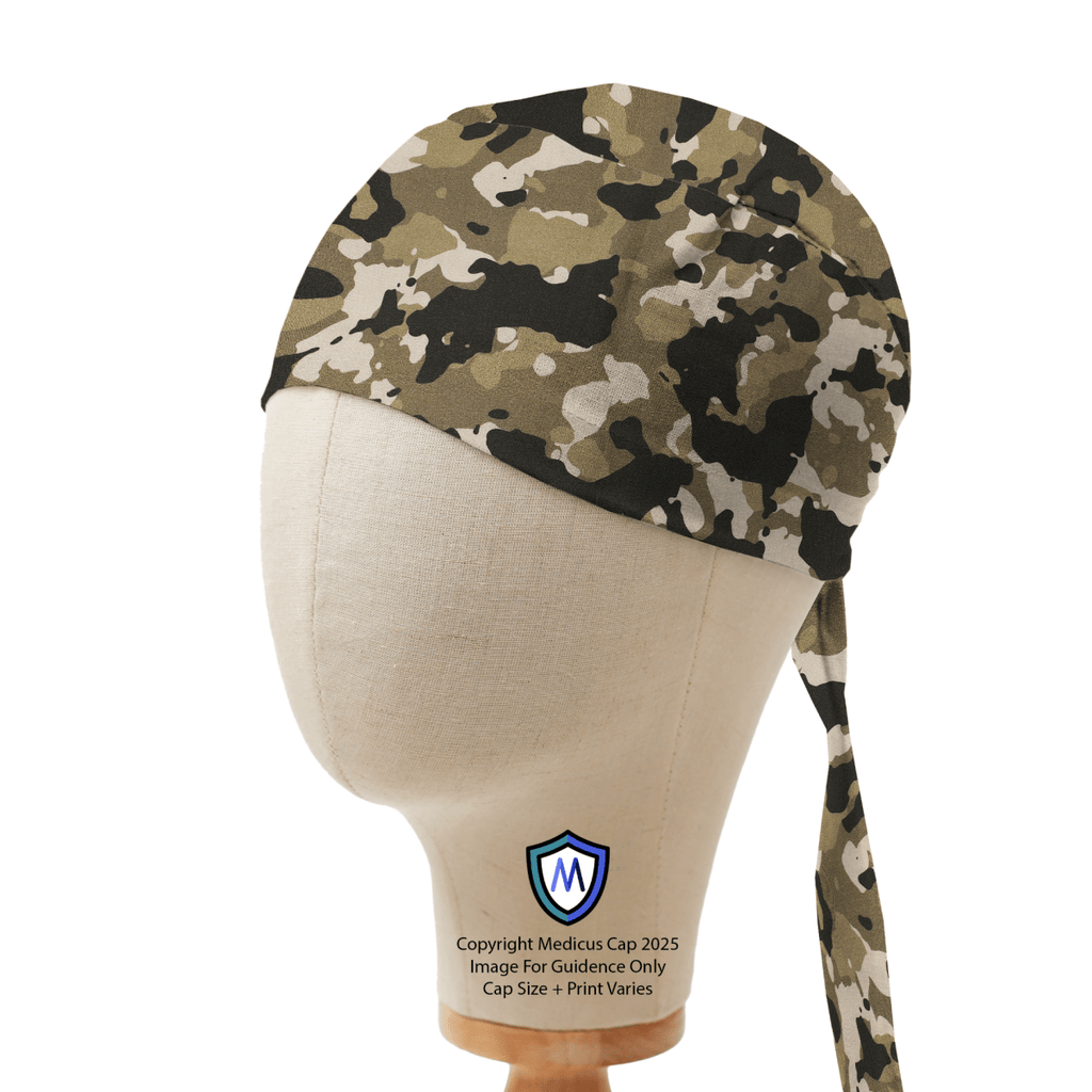 Camouflage Medicus Scrub Cap displayed on a mannequin head, featuring an adjustable tie-back design. Stylish and functional for medical professionals.