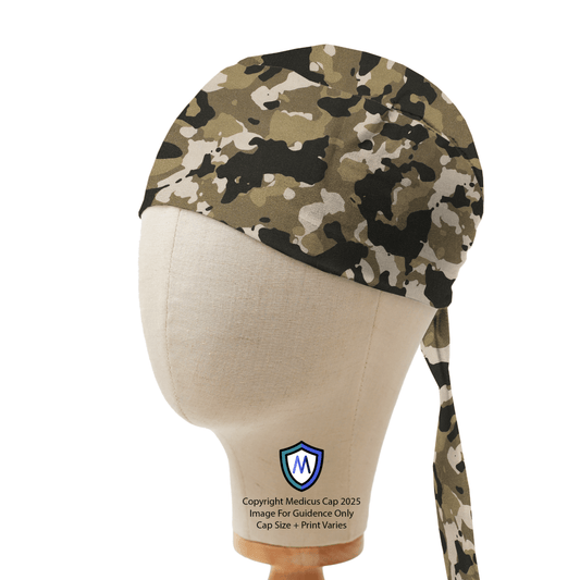 Camouflage Medicus Scrub Cap displayed on a mannequin head, featuring an adjustable tie-back design. Stylish and functional for medical professionals.