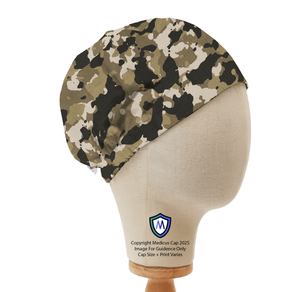 Camouflage-patterned Medicus Scrub Cap displayed on a mannequin head, designed for medical professionals. Comfortable and stylish headwear for healthcare settings.