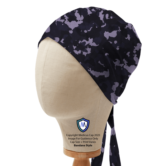 Dark camo Medicus Scrub Cap in bandana style displayed on a mannequin head.