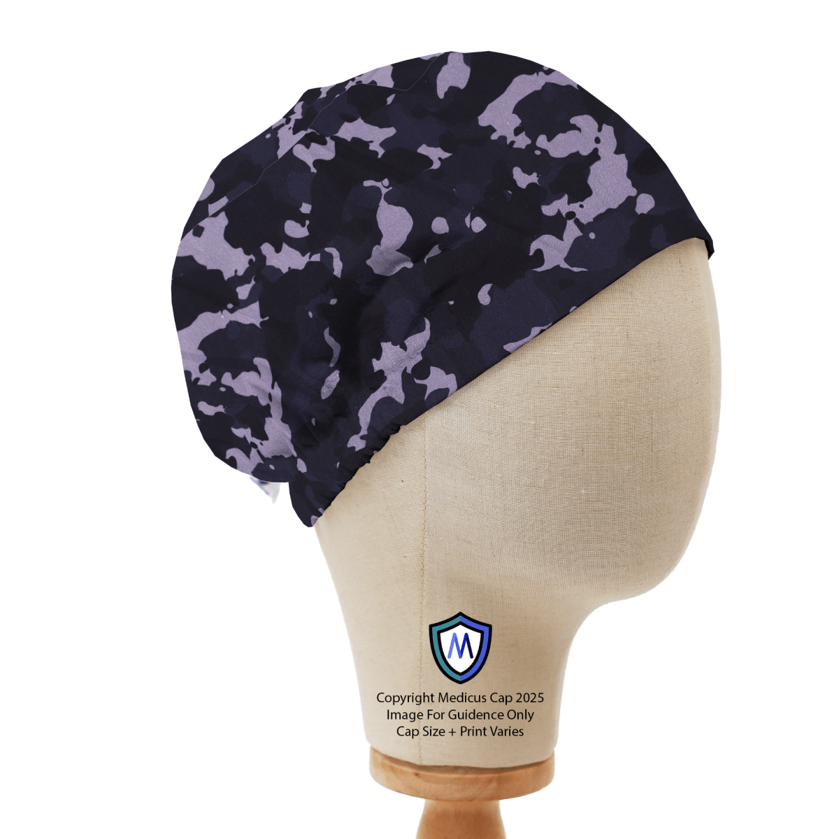 Medicus Scrub Cap with a dark camouflage pattern displayed on a mannequin head. Stylish and functional medical headwear.