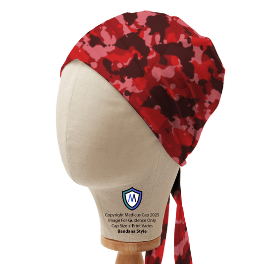 Red camo Medicus Scrub Cap in bandana style, displayed on a mannequin head. Comfortable, stylish medical headwear.