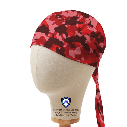 Red camo Medicus Scrub Cap displayed on a mannequin head, featuring a tied-back design for a secure and comfortable fit.