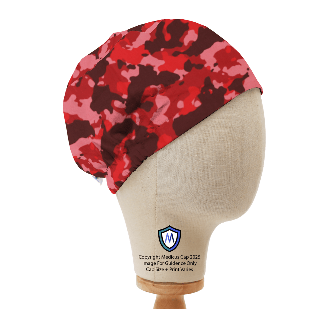 Red camo Medicus Scrub Cap displayed on a mannequin head, featuring a bold pattern and secure fit for medical professionals.