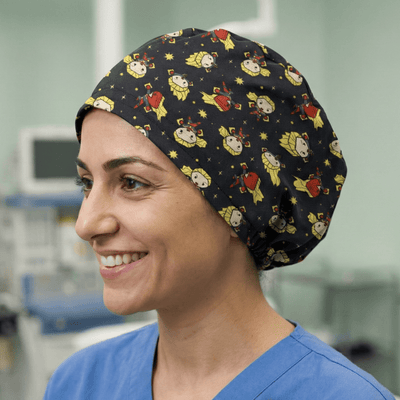 Captain Marvel Kawaii scrub cap shown on model