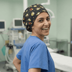 Captain Marvel Kawaii scrub cap shown on model