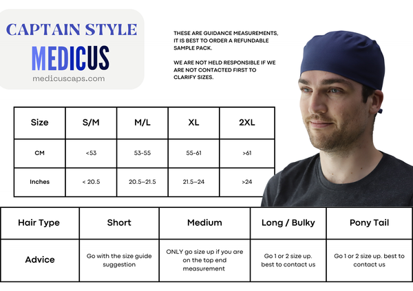 Man wearing a navy blue Medicus captain-style scrub cap. Size guide and hair type recommendations for "captain-scrub-caps-above-ear" displayed.