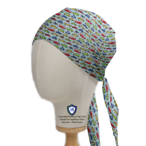 Cartoon Cars Bikes Traffic scrub cap in Bandana tie-back style