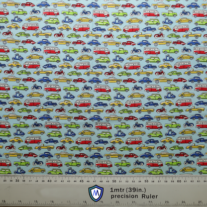 The Medicus Scrub Caps Cartoon Cars Bikes Traffic Scrub Cap features colorful cars, bikes, and buses on a light blue background. A 1-meter scale is included.
