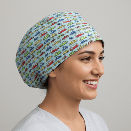 Cartoon Cars Bikes Traffic scrub cap shown on model