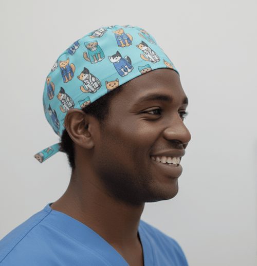Cat Doctor Surgeons scrub cap shown on model
