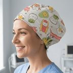 Cat dressed as Food scrub cap shown on model
