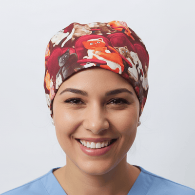 Cats At The Cinema scrub cap shown on model