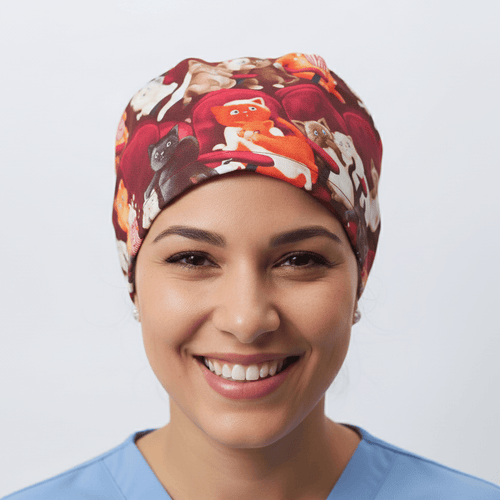 Cats At The Cinema scrub cap shown on model