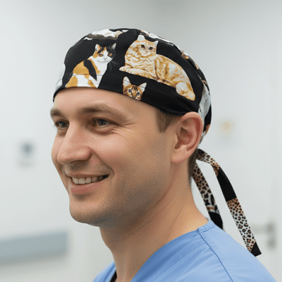 Cats Stare From Far scrub cap shown on model