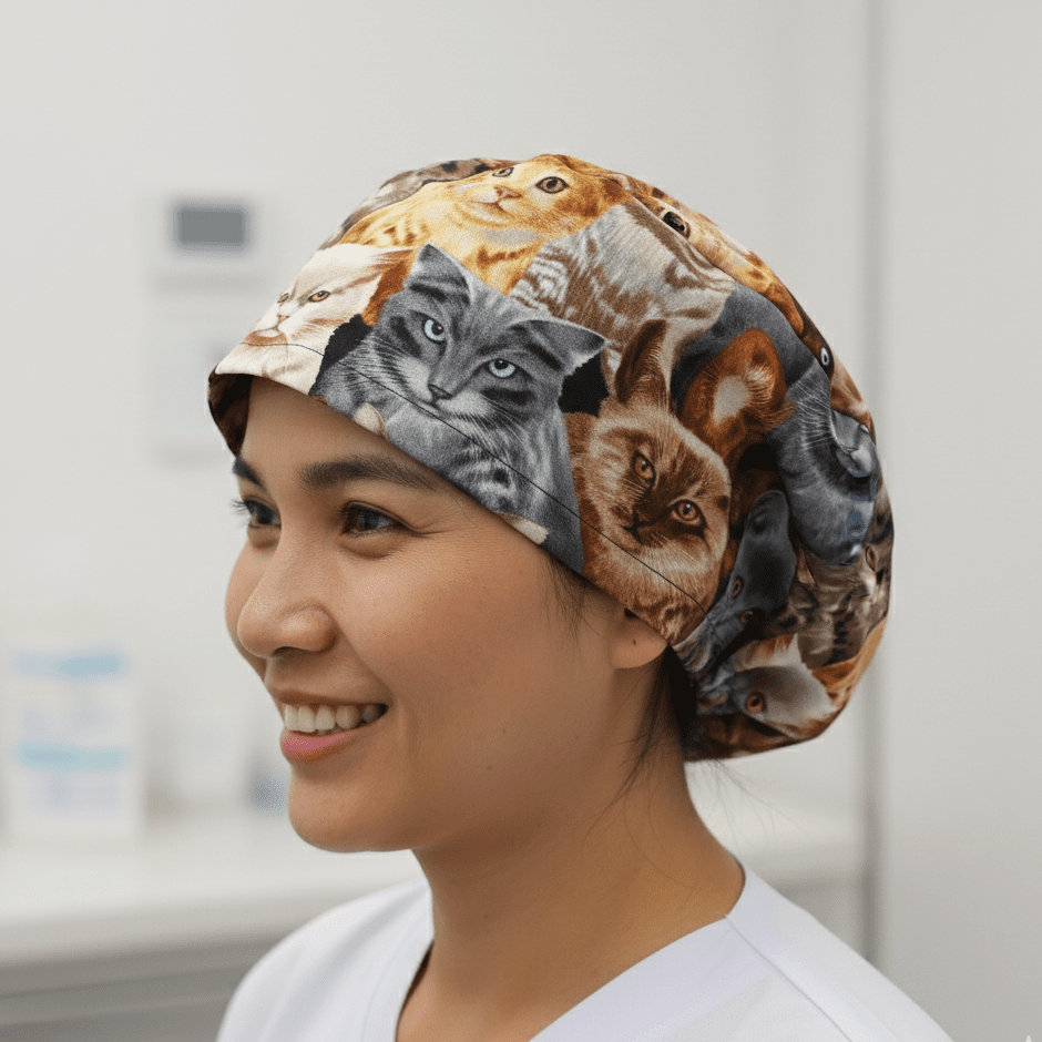 Cats Starring Scrub Cap scrub cap flat lay view