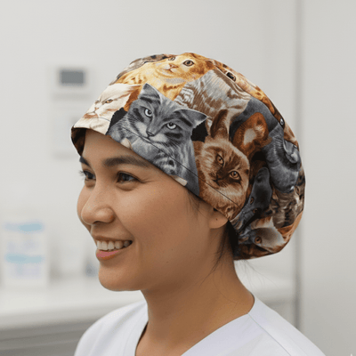 Cats Starring scrub cap shown on model