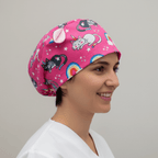 Cats Unicorn Rainbow Pink scrub cap shown on model