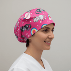 Cats Unicorn Rainbow Pink scrub cap shown on model