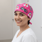 Cats Unicorn Rainbow Pink scrub cap shown on model