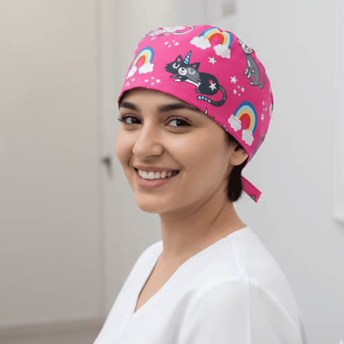 Cats Unicorn Rainbow Pink scrub cap pattern detail on mannequin