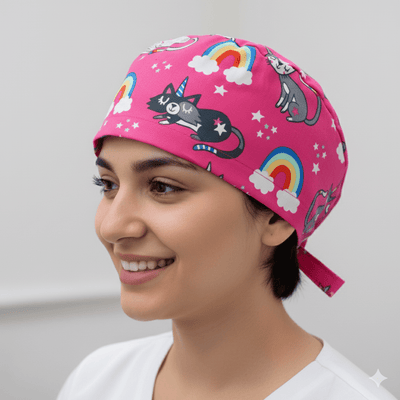 Cats Unicorn Rainbow Pink scrub cap shown on model