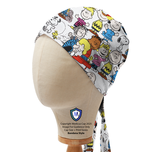 Mannequin head wearing a Medicus Scrub Cap with Charlie Brown, Snoopy, and friends on a white background, bandana style.