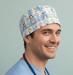 Charlie Brown + Friends In Grid scrub cap shown on model