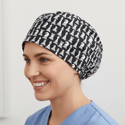 Chess Pieces Classic Black + White scrub cap shown on model
