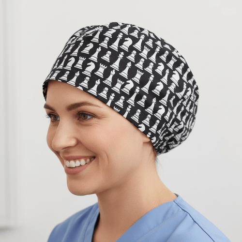Chess Pieces Classic Black + White scrub cap shown on model