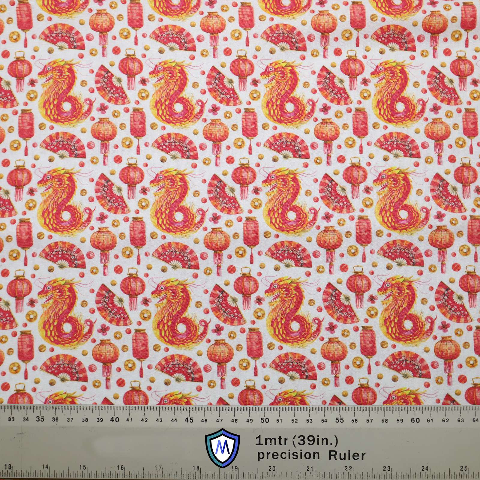 Chinese New Year Dragon Scrub Cap from Medicus Scrub Caps, featuring red and gold dragons, lanterns, and fans on a white background.