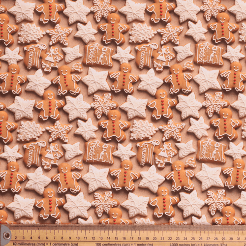 Christmas Gingerbread Men Cakes Stars fabric pattern detail close-up