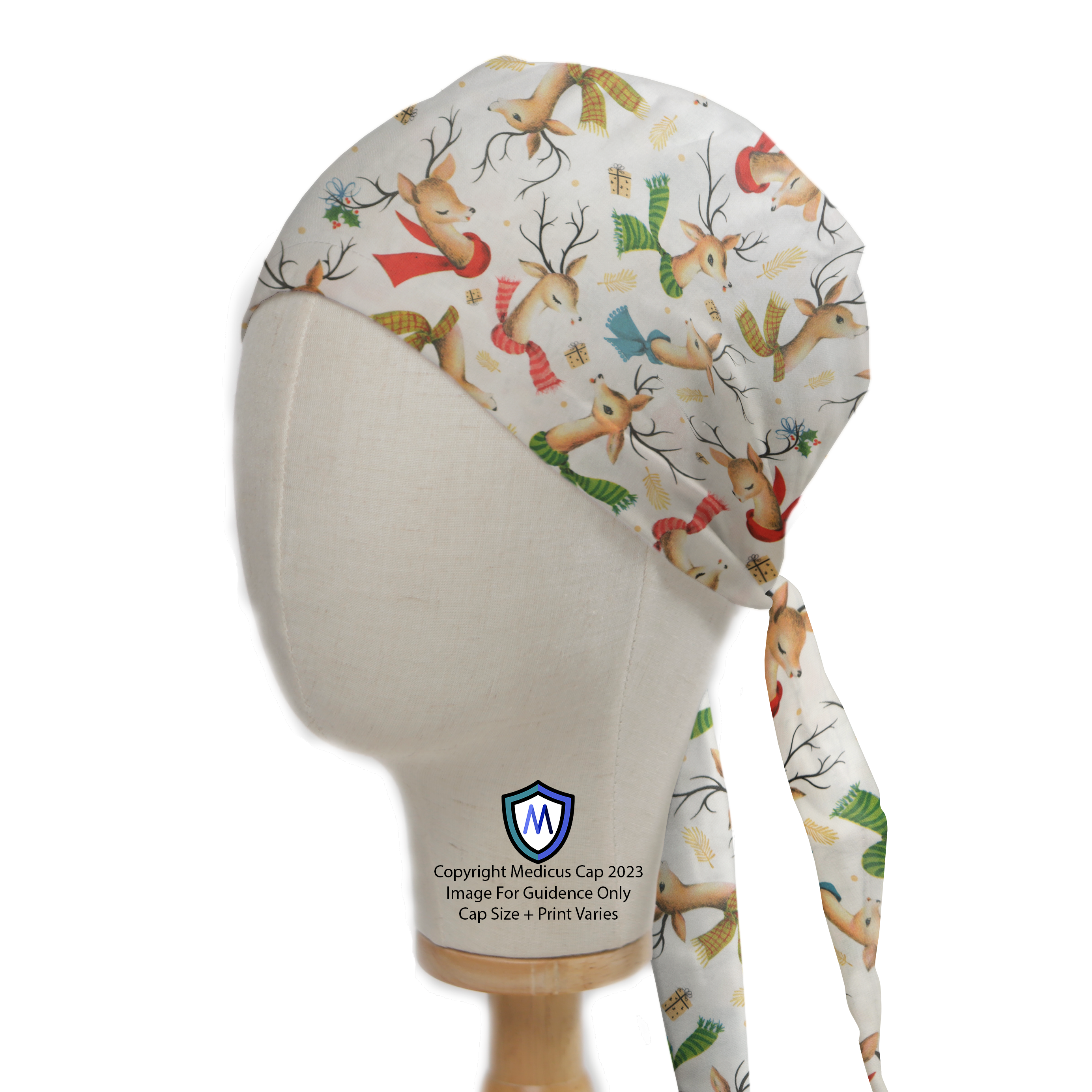 Christmas Reindeer With Colourful Scarf Scrub Cap - Scrub Cap from Medicus Scrub Caps - Shop now at Medicus Scrub Caps - all, Animals, Christmas, new-arrivals, Patterned Scrub Caps, scrub cap, Veterinarian