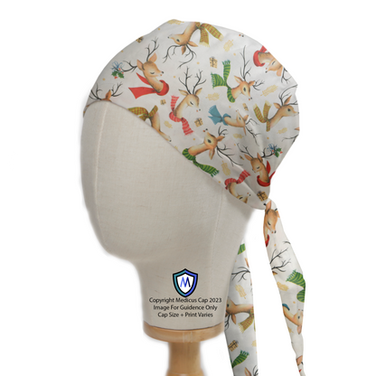 Christmas Reindeer With Colourful Scarf Scrub Cap from Medicus Scrub Caps, featuring festive reindeer in scarves on a white background.