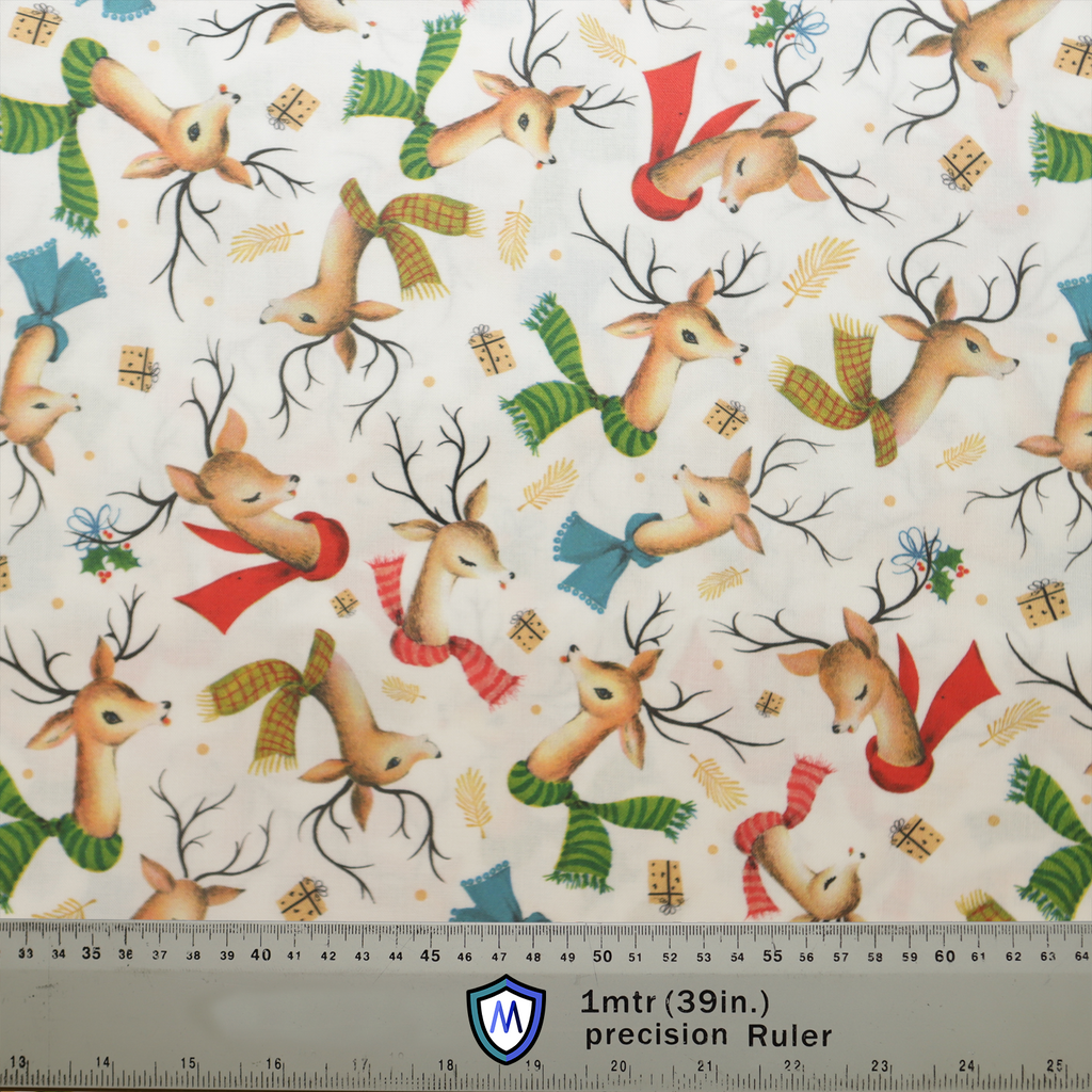 Christmas Reindeer With Colourful Scarf Scrub Cap from Medicus Scrub Caps, featuring festive reindeer in red, green, and blue scarves on a white background.