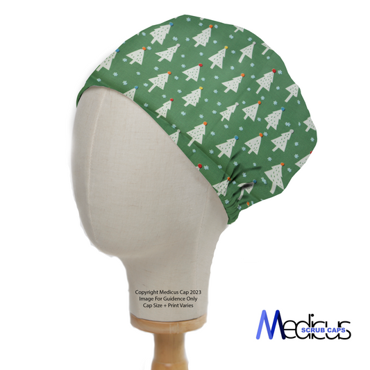 The Christmas Tree Forest Scrub Cap by Medicus Scrub Caps, displayed on a mannequin, features a festive tree pattern on a green background.