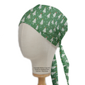 The Medicus Scrub Caps Christmas Tree Forest Scrub Cap, displayed on a mannequin, features a festive tree pattern with side-hanging tied straps, ideal for healthcare professionals.