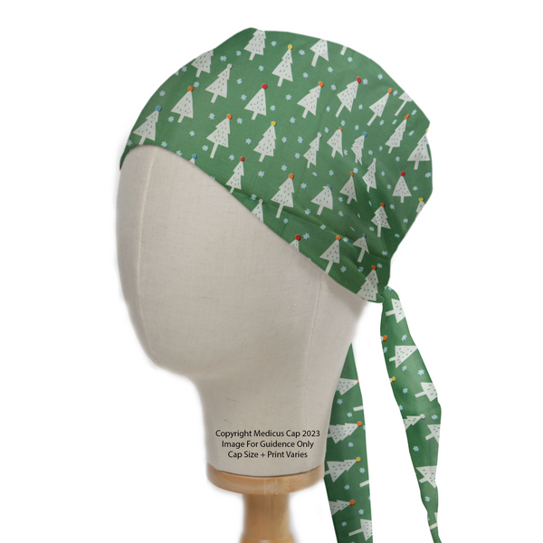 The Medicus Scrub Caps Christmas Tree Forest Scrub Cap, displayed on a mannequin, features a festive tree pattern with side-hanging tied straps, ideal for healthcare professionals.