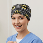 Christmas Batman Logo Jumper scrub cap shown on model